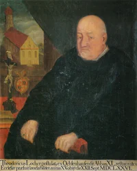 el 40º Abad, Theoderich Locher, con la Iglesia del Monasterio de San Jorge Isny